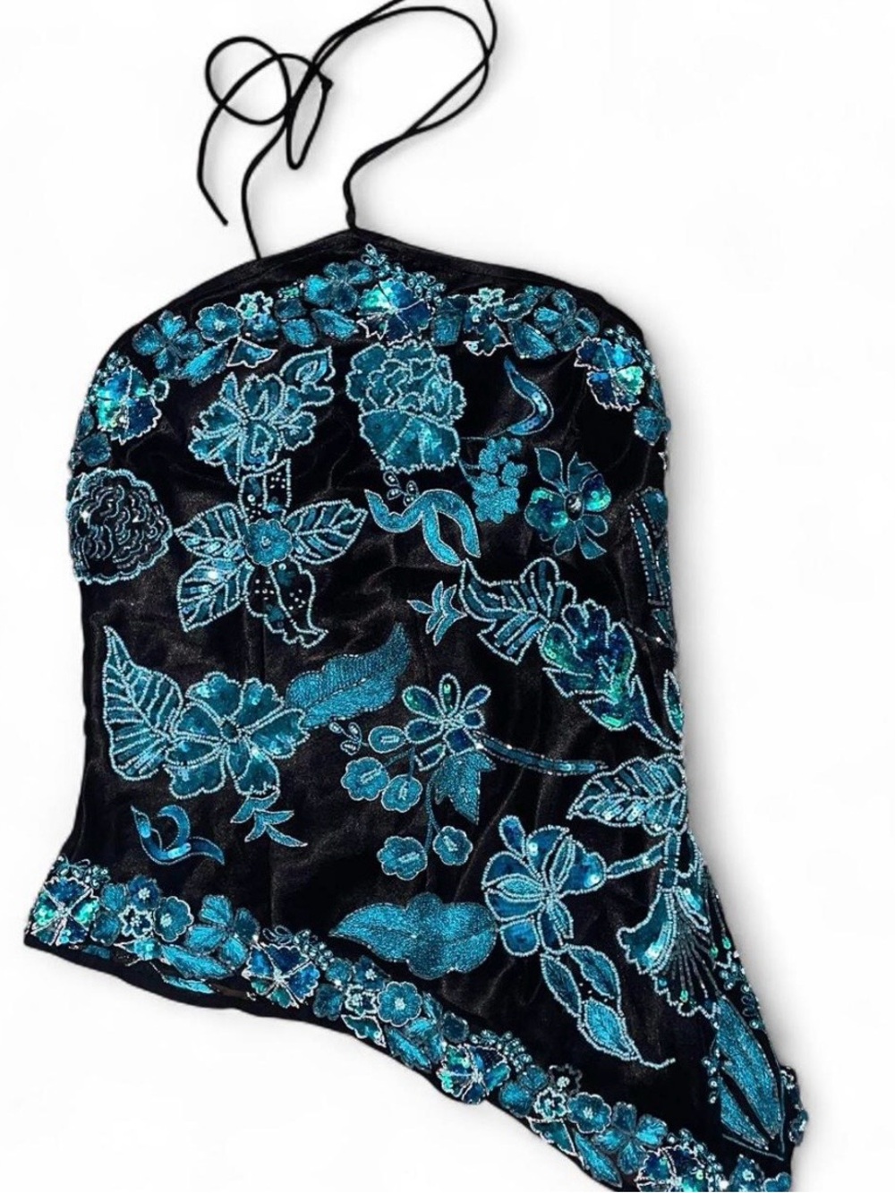 Scala Black Halter with Teal Floral Embroidery